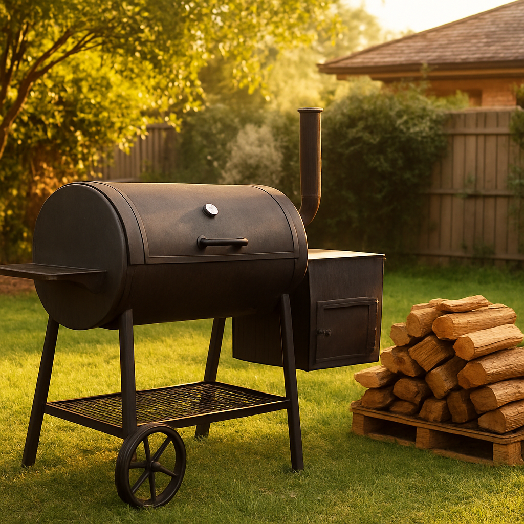 Black steel offset smoker set up in a suburban backyard with stacked wood logs